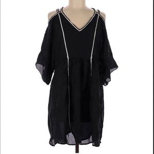 POUPETTE ST.BARTHS BLACK 100% SILK COLD- SHOULDER DRESS WITH WHITE TRIM SIZE 2